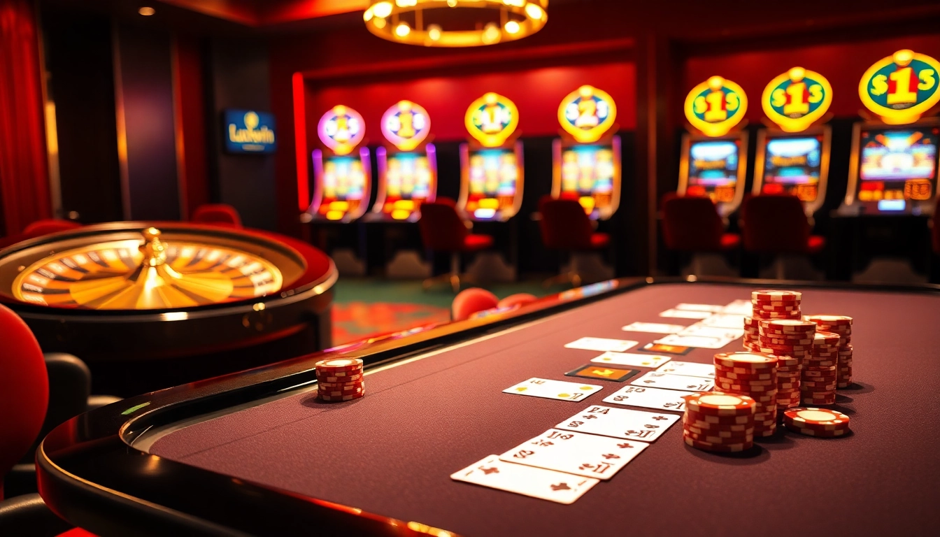 Experience the excitement of Luckywin with vibrant poker chips and a spinning roulette wheel in a luxurious casino setting.