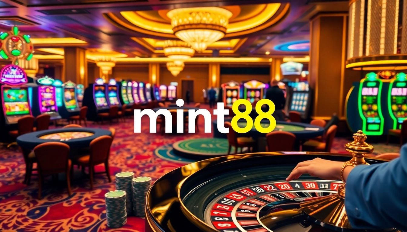 Exciting roulette action at the luxurious casino with mint88 signage in focus.