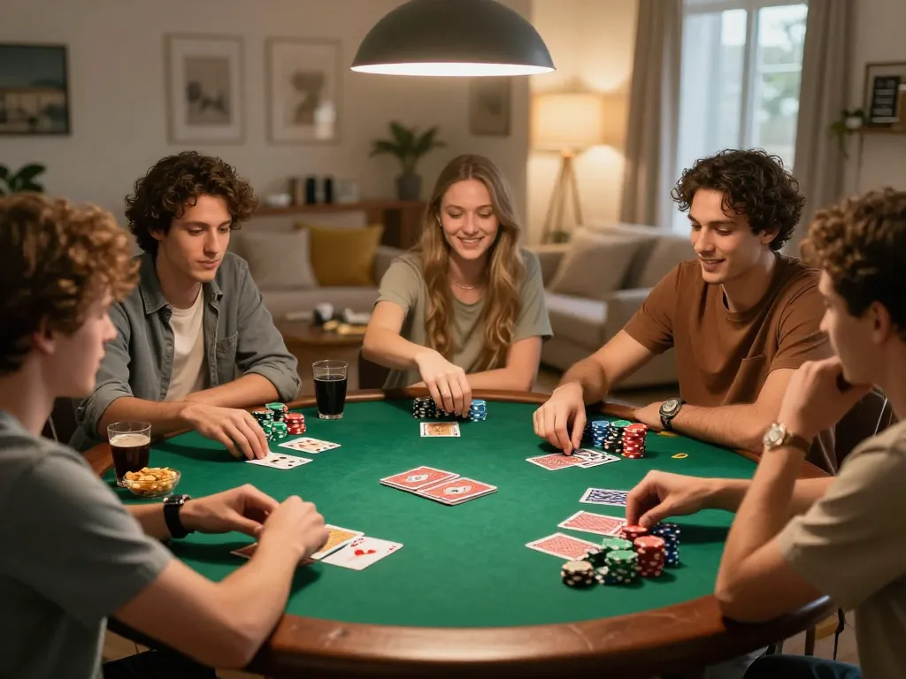 Friends playing poker in a cozy living room with chips and cards, enhancing the experience at https://max88sss.com/.