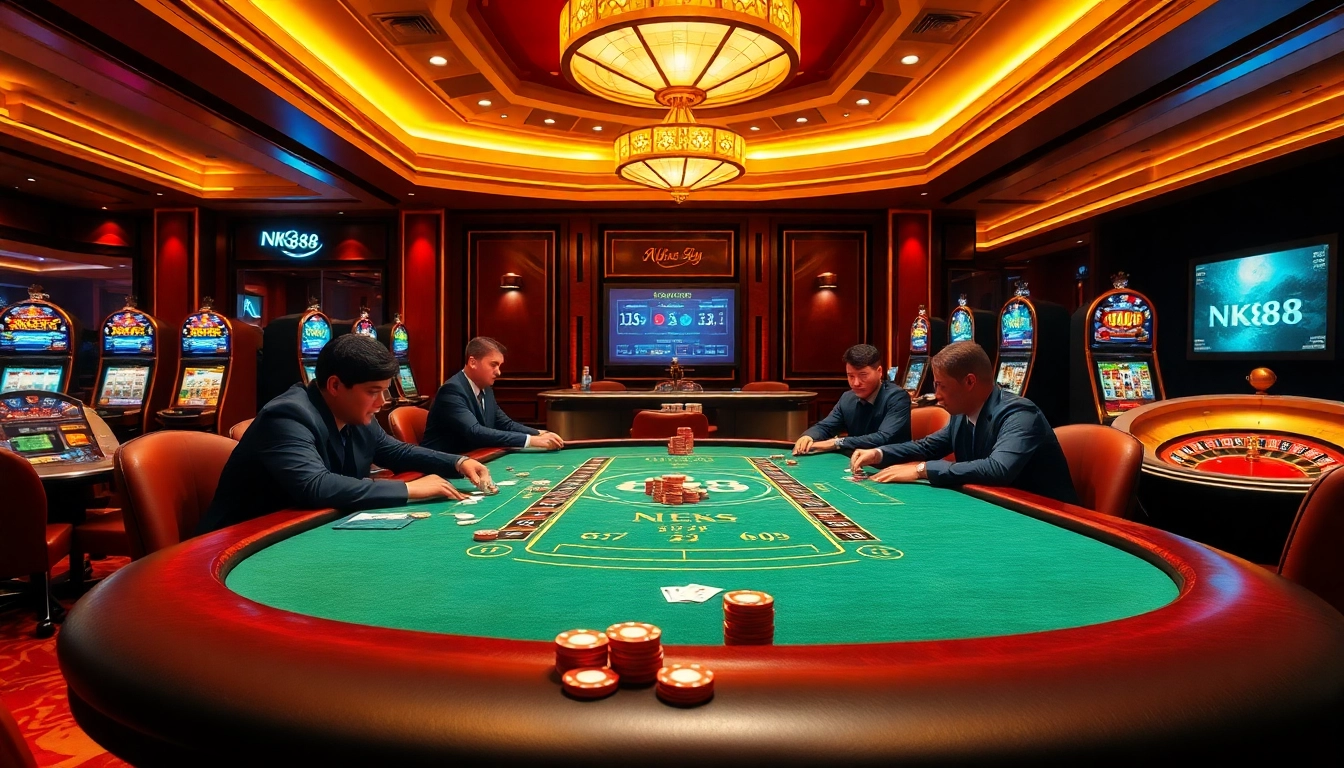 Exciting poker game at nk88 with vibrant casino ambiance and professional players.