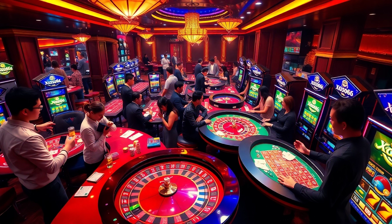 Players enjoying their luck at Xoso66 casino tables with vibrant slot machines.