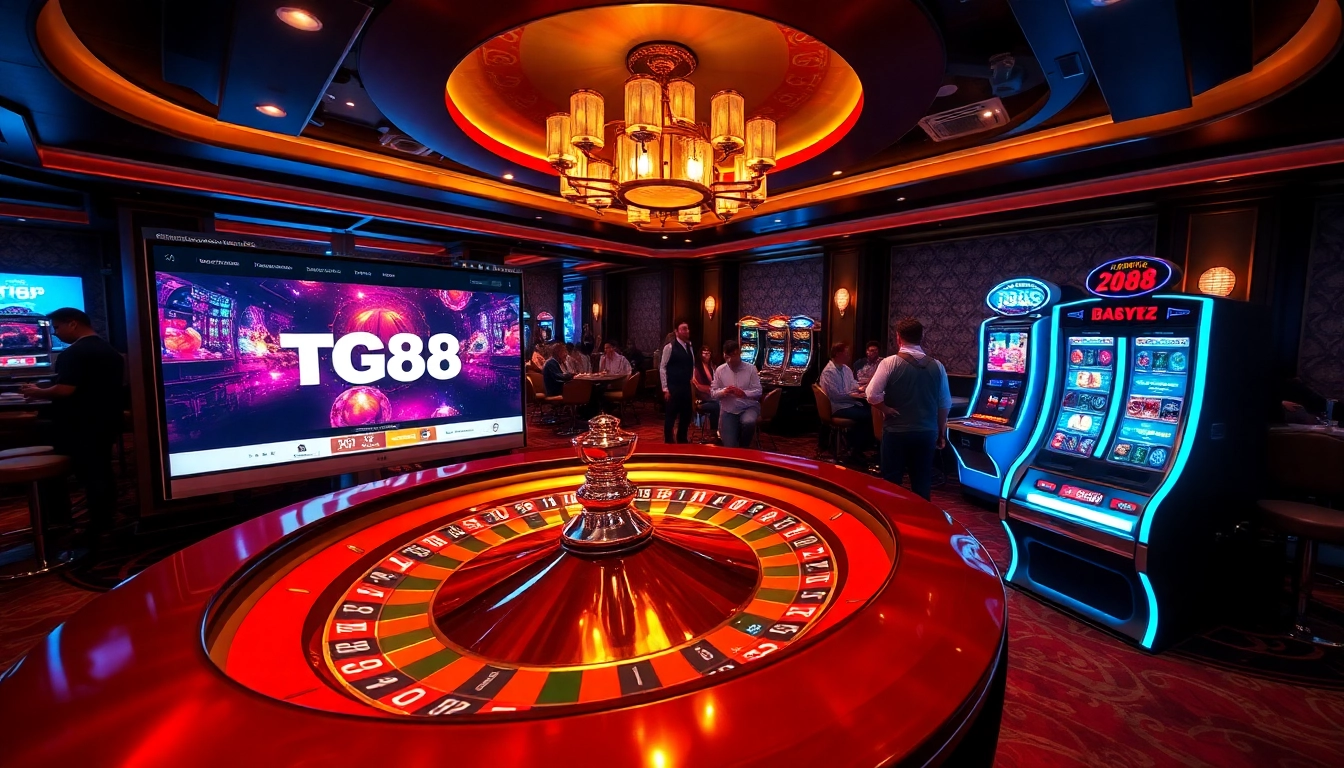 Experience the excitement of TG88 with players at roulette, surrounded by casino elements.