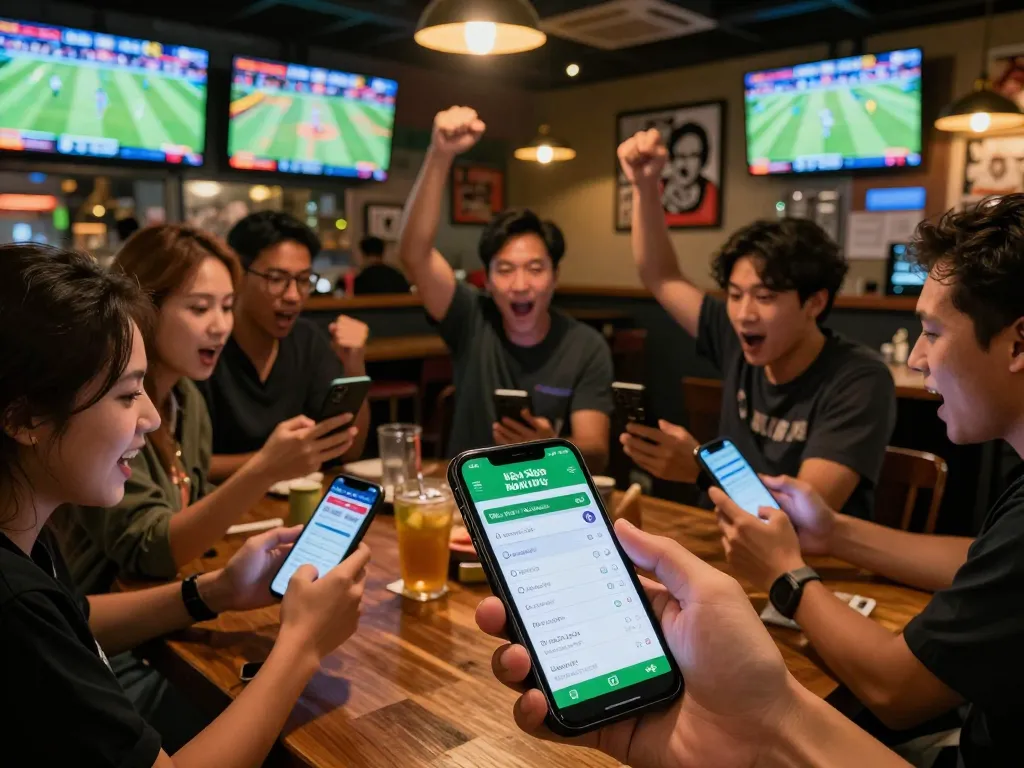 Kèo nhà cái hôm nay strategy session with friends cheering at a sports bar while placing bets on smartphones