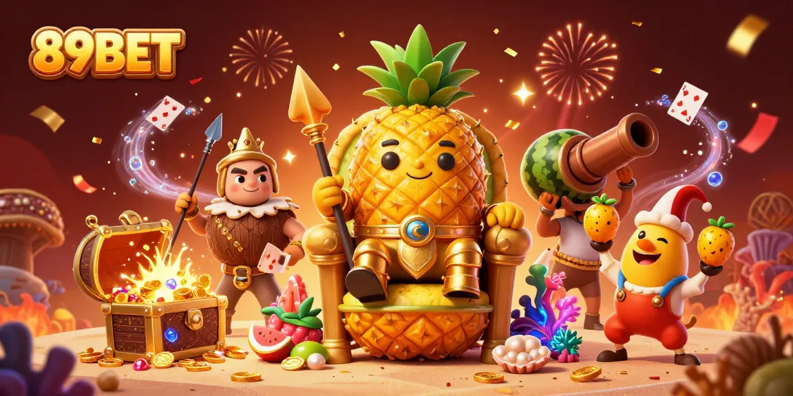 Engage with the vibrant scene of 89BET's golden pineapple king in an exciting casino environment featuring dynamic elements.