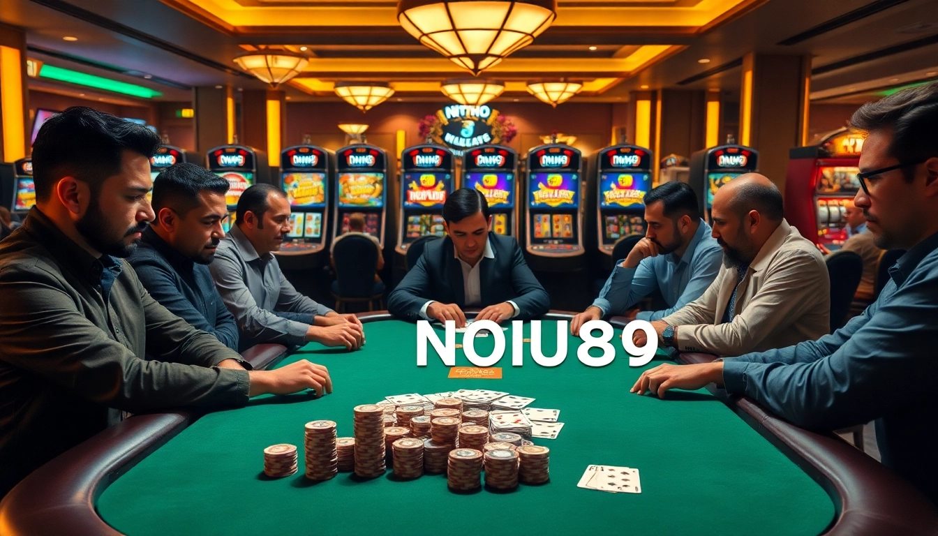 Players strategizing at a high-stakes poker table in a luxurious casino environment, featuring NOHU90 slots in the background.