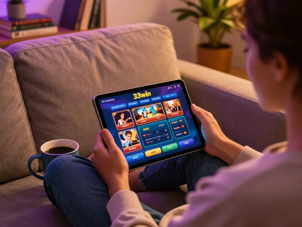 Engaging in online gaming with 33win on a tablet in a cozy home setting.