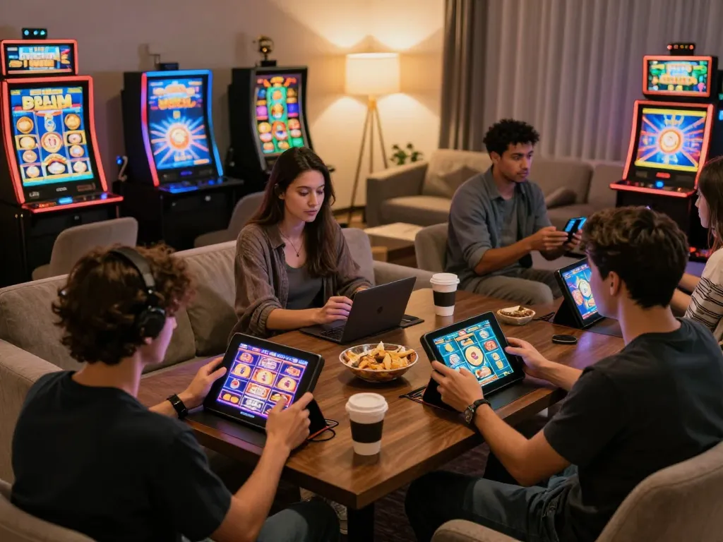 Nohu90 players enjoying a friendly online slot game session on tablets in a cozy living room.