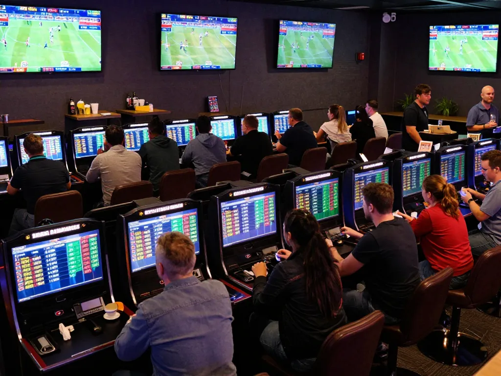 Active sports betting scene with patrons excitedly discussing betting options at hit club venue