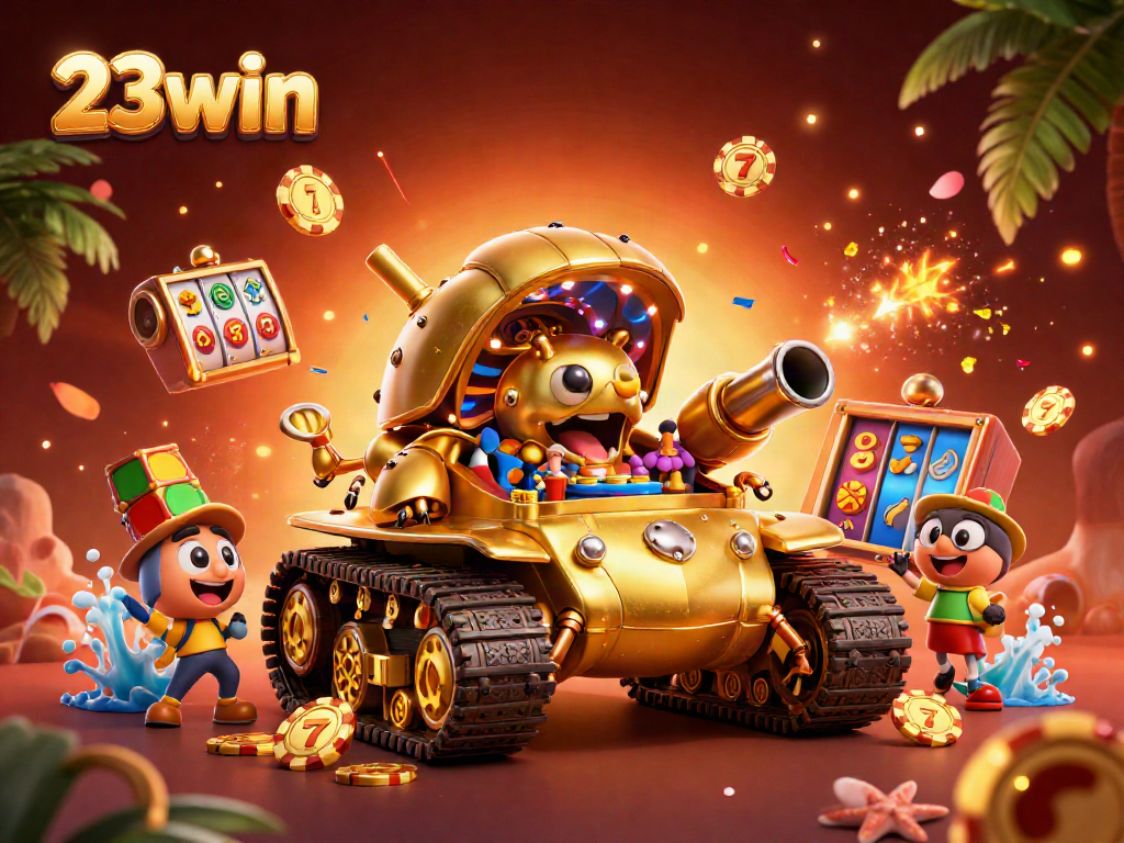 Experience the playful world of 23win with vibrant slot machines and golden elements in a lively casino scene.