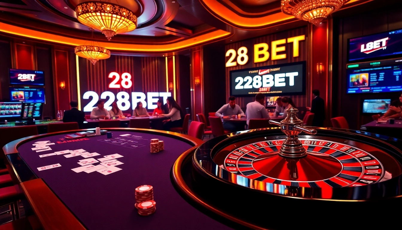 Experience thrilling poker games at 28BET casino table, showcasing vibrant chips and cards in a luxurious setting.