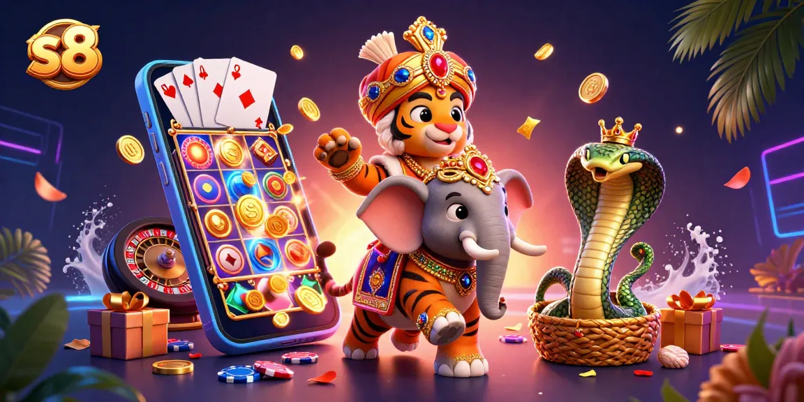 Spin to win with S8's vibrant gaming world featuring a tiger, elephant, and cobra!