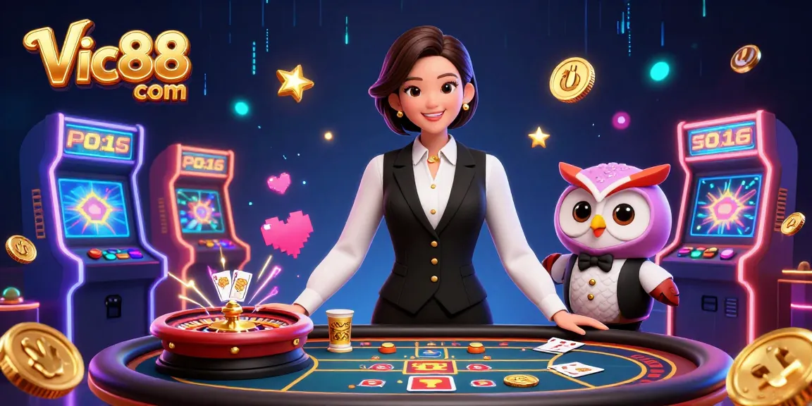 Experience excitement at Vic88 com with Asian dealers and vibrant gaming elements in a dynamic scene.