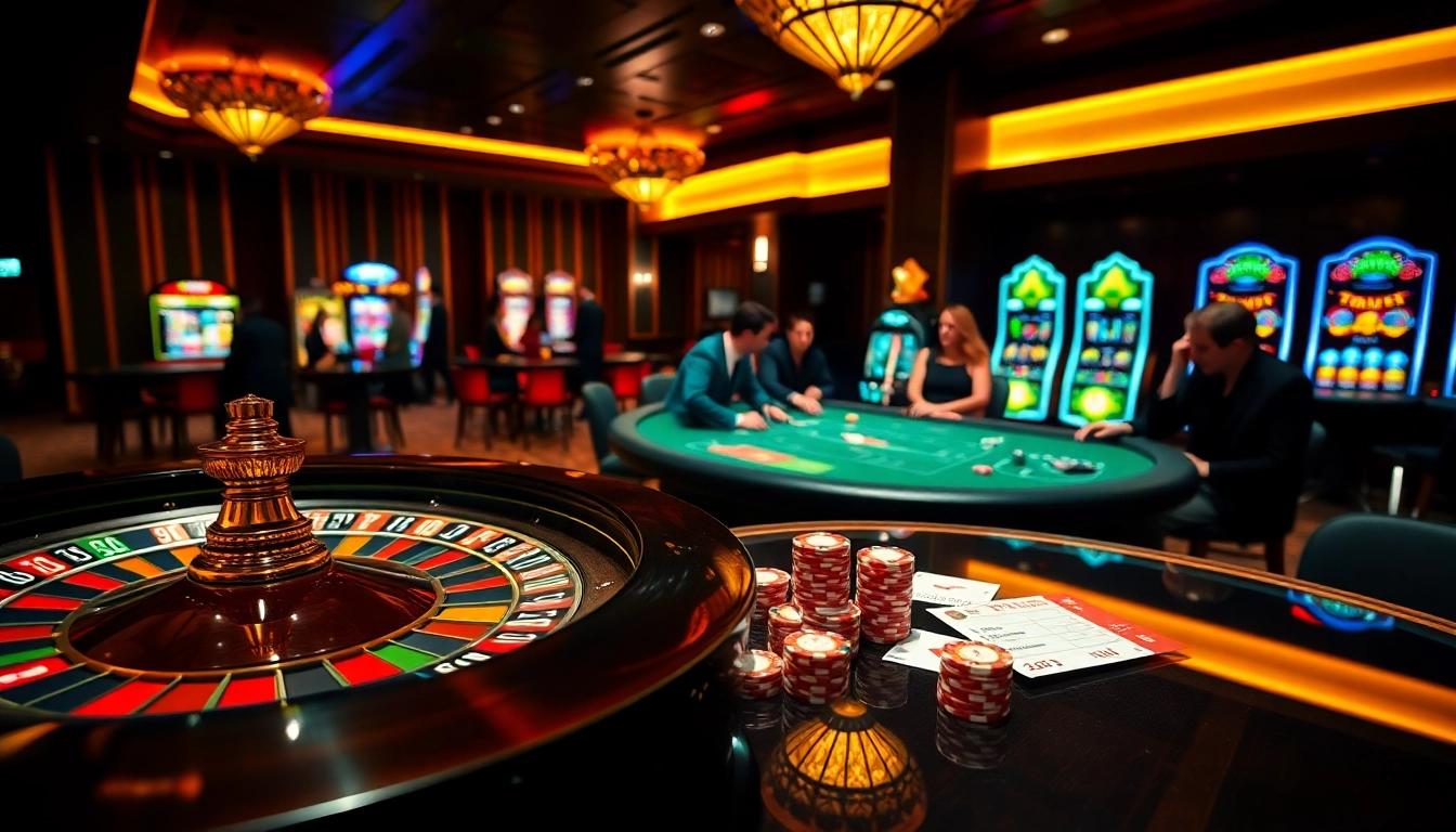 Exciting gambling scene at 789WIN with poker chips, a roulette wheel, and slot machines.