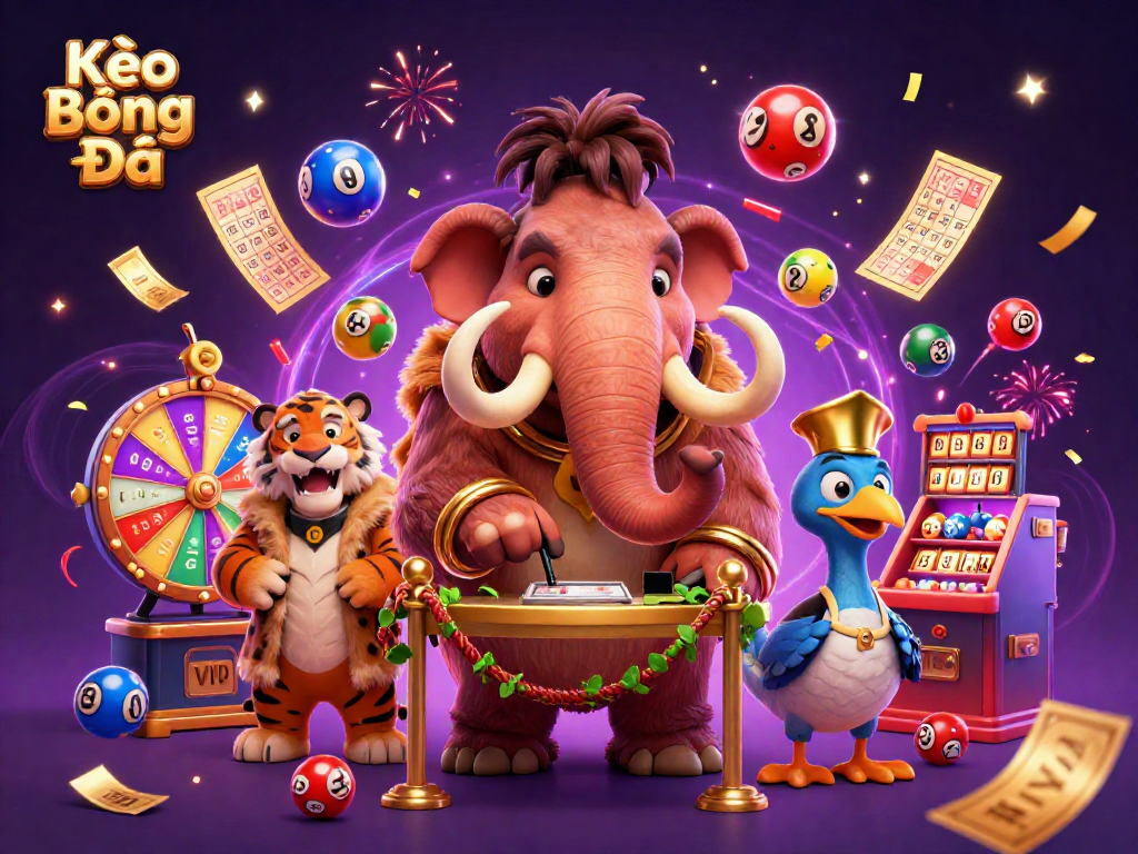 Kèo Bóng Đá vibrant scene showcasing a mammoth bouncer, saber-tooth VIP, and dodo doorman amidst lottery elements.