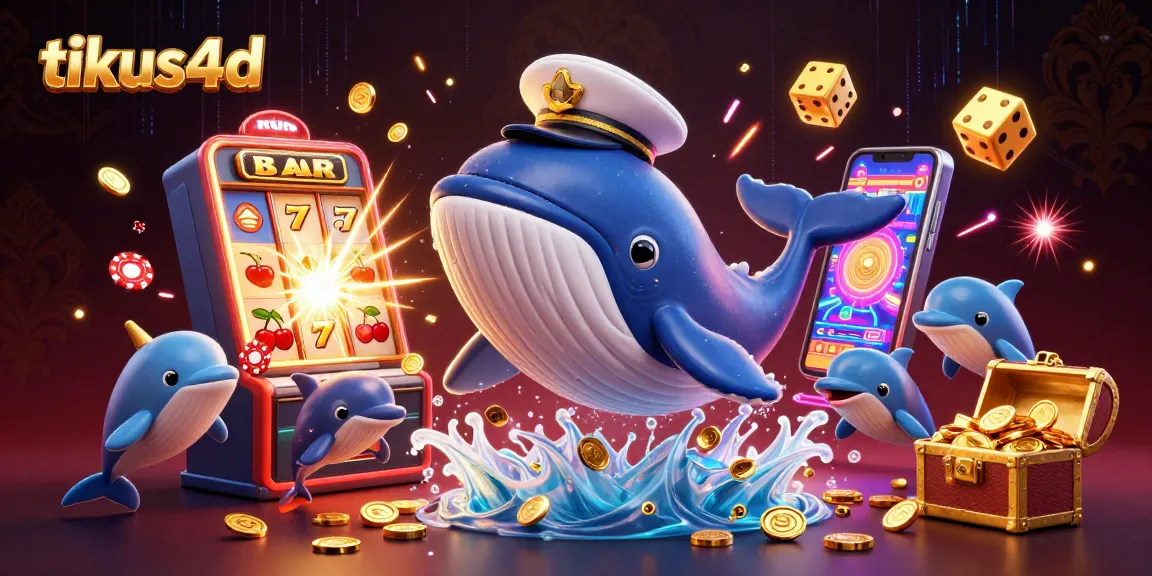 Tikus4D features an engaging scene with a whale, narwhal, and dolphins interacting with colorful casino elements, symbolizing online gambling excitement.