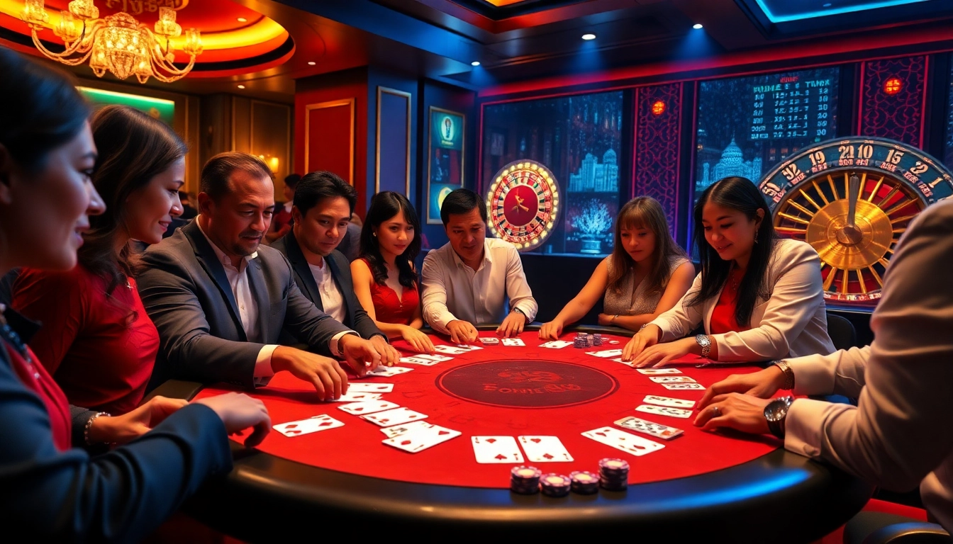 Experience the excitement of high-stakes poker at FLY88's luxurious casino, featuring vibrant tables and players.