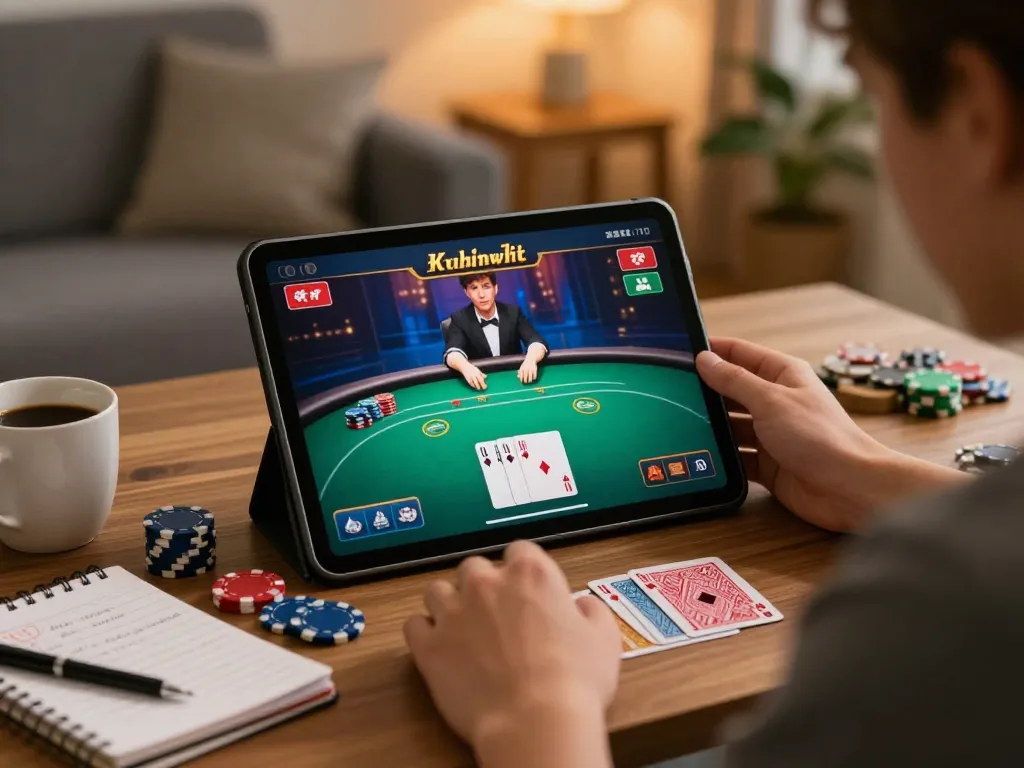Engaging online poker session on nk88 app, showcasing strategy notes and excitement in a cozy setting
