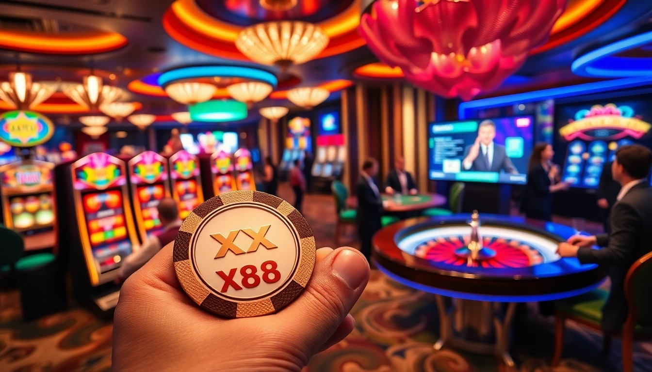 Experience the thrill of XX88 casino with vibrant slot machines and poker chips.