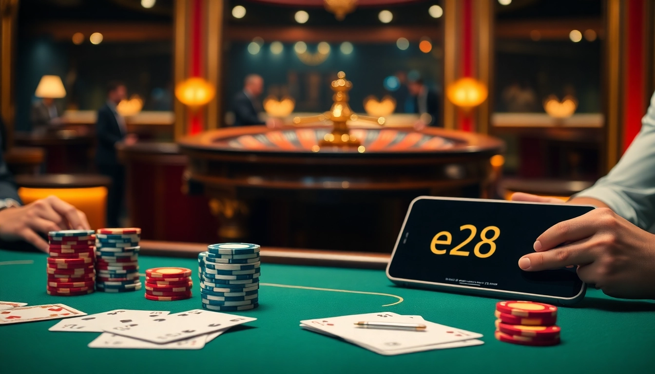 Engage with the exciting e28 platform at an online casino table featuring poker chips and playing cards.