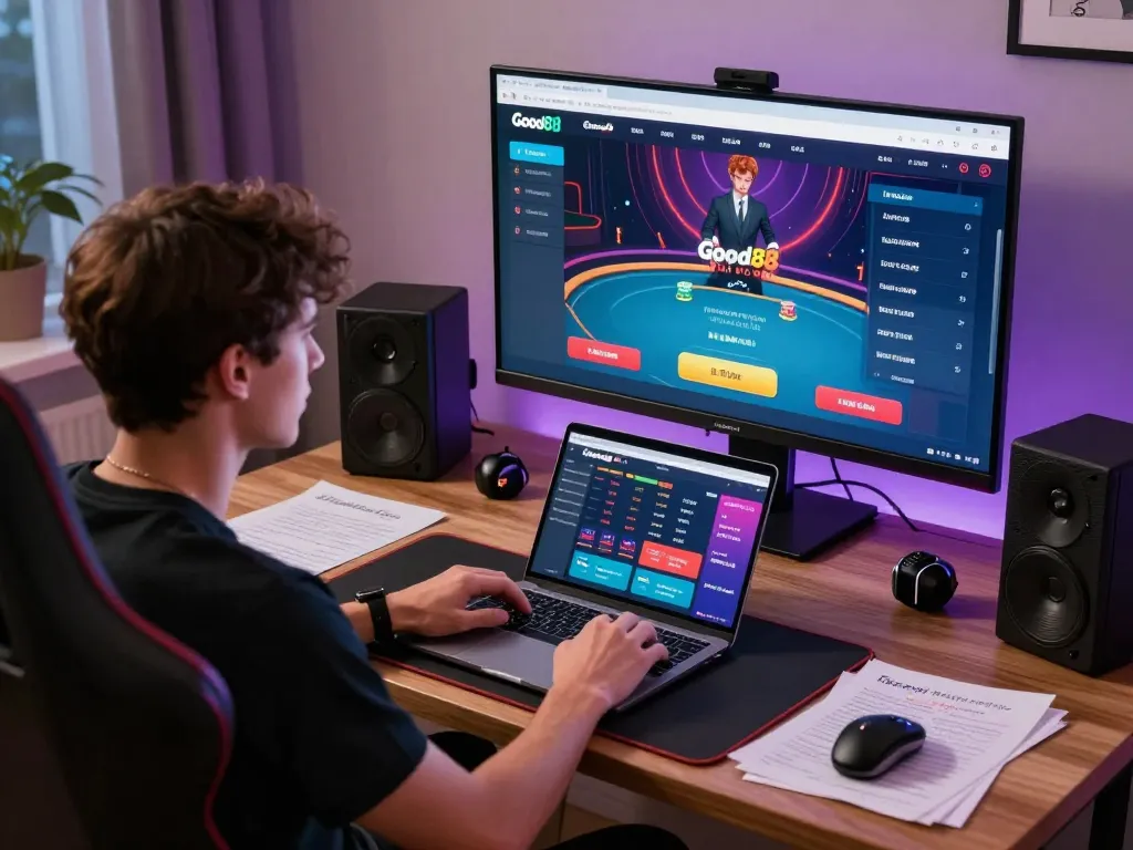 Engaging gameplay on Good88 platform with user immersed in online poker experience.
