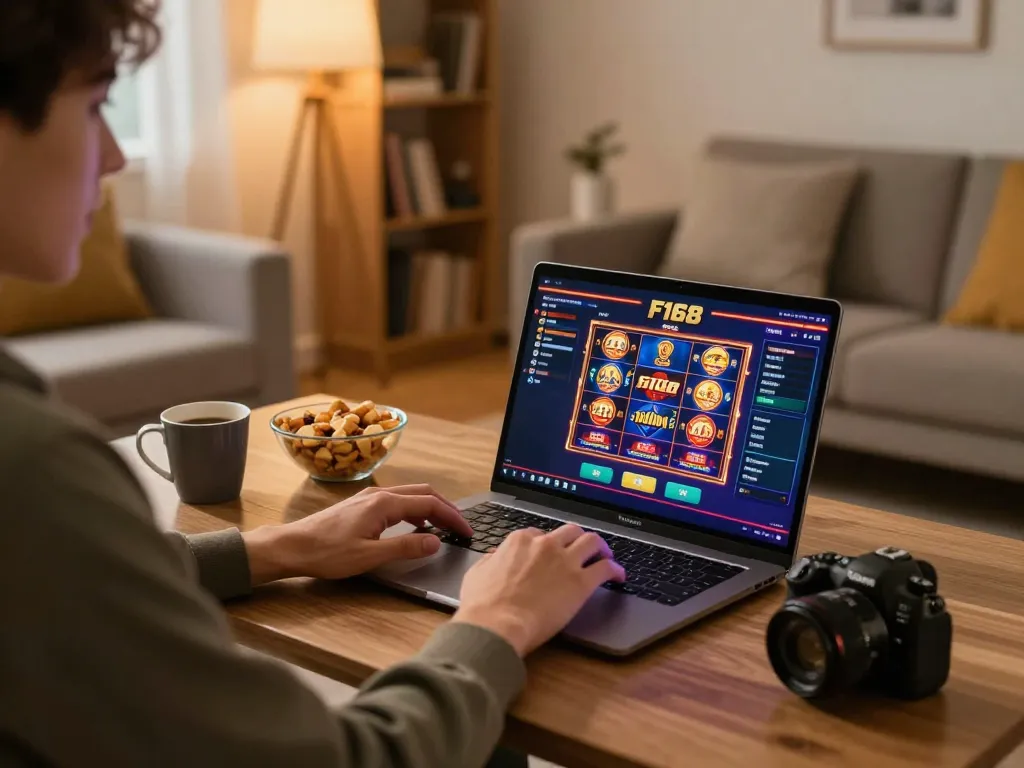 Player engaging with the F168 online casino interface on a laptop, illustrating responsible gambling.