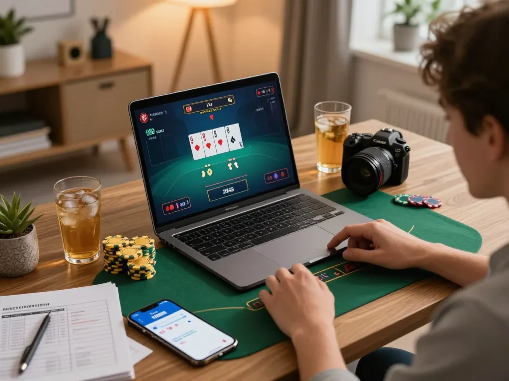 Player enjoying a live blackjack game on 79KING app from a cozy home setup.