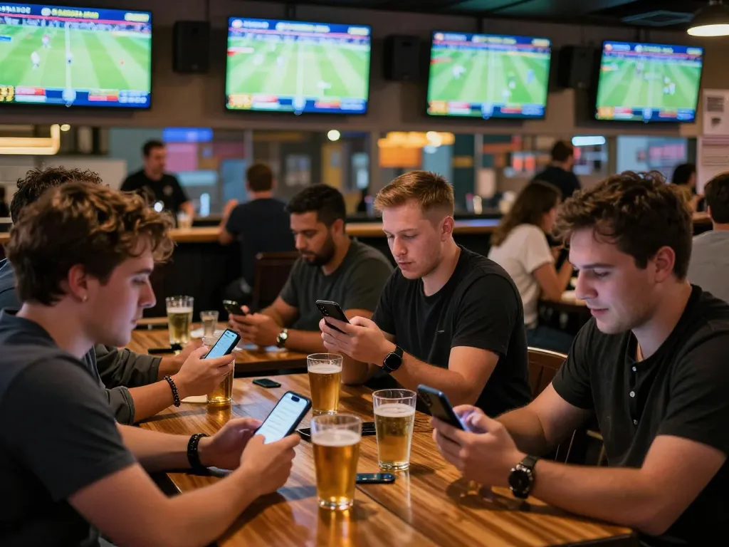 Sports bettors engaging with live betting apps while watching kèo nhà cái at a sports bar