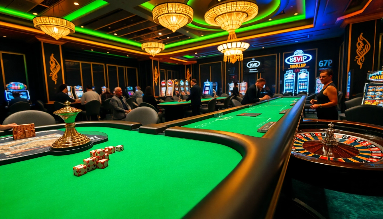 Excited players at 68VIP casino, engaging in poker and blackjack amidst luxurious surroundings.