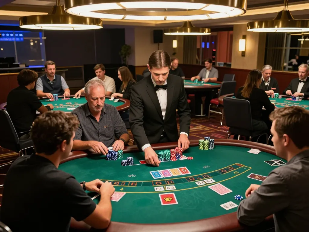 Pemain terlibat dalam blackjack strategis di kasino ap686 dengan suasana yang hidup dan permainan yang fokus.