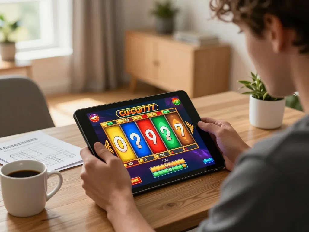 Cucu777 player engaging with online slots on a tablet in a cozy setting.