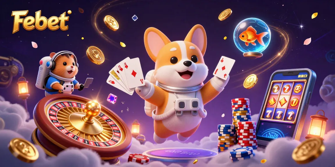 Febet's exciting space casino scene with an astronaut corgi and floating poker elements.