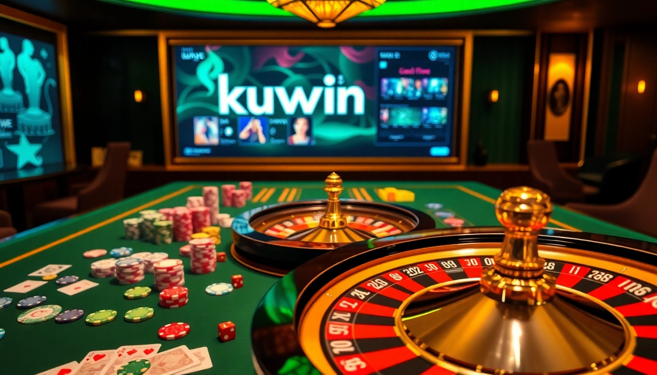 Kuwin casino scene with vibrant gaming table, poker chips, and roulette wheel.
