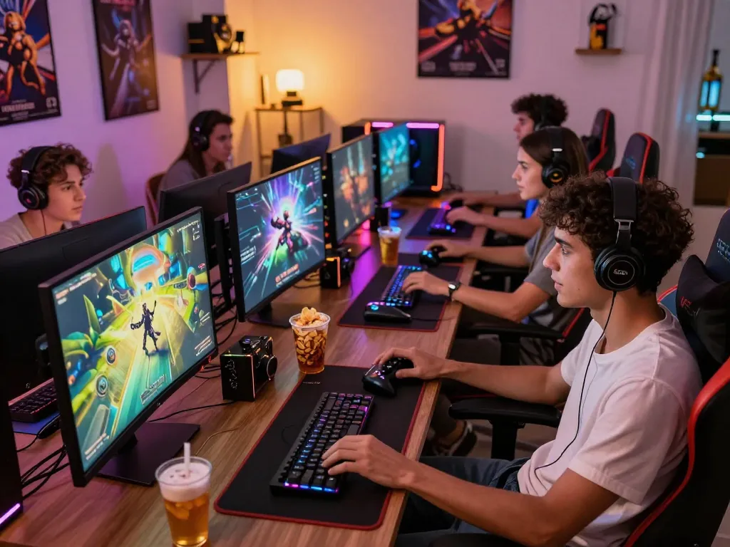 Lucky88 uy tín gaming community enjoying a lively online gaming session in a stylish room, showcasing vibrant visuals and camaraderie.