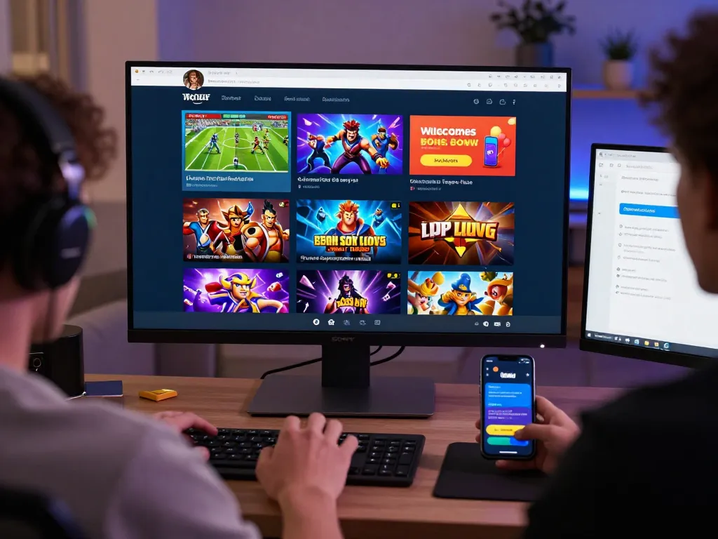 Engaged gamer exploring various games on https://open88.supply/ with vibrant graphics and promotional offers.