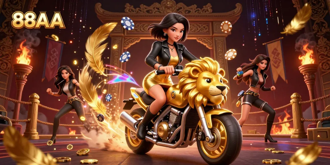 Experience the thrilling 88AA action with a glamorous Asian character on a golden lion, surrounded by a colorful casino setting.