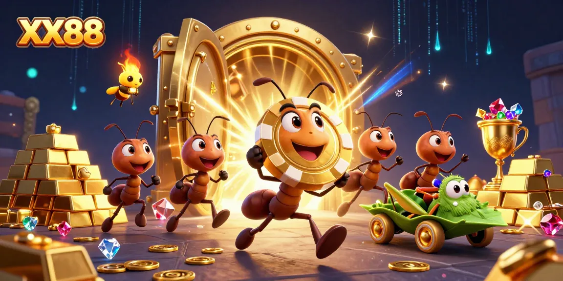 Engage with XX88's dynamic casino adventure featuring ants in a heist with golden poker chips.