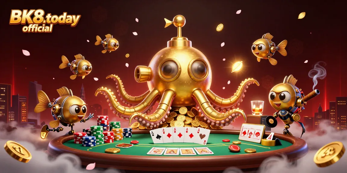 Engage with the thrilling BK8.today official casino experience featuring an intricate golden kraken submarine amidst a vibrant poker scene.