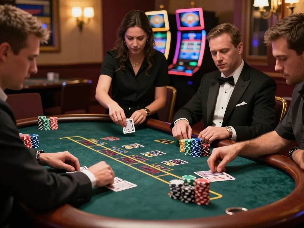 Players at a TA88 blackjack table showcasing strategic gameplay and ambiance in a luxury casino setting.