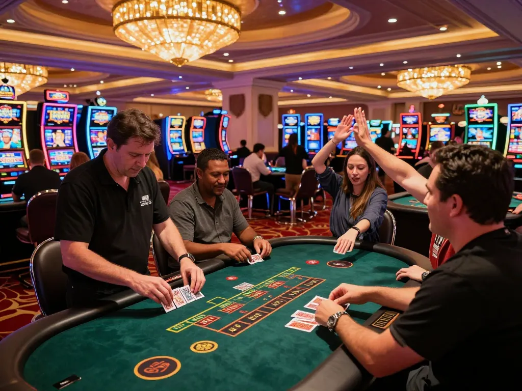 Experience vibrant blackjack action at LLwin casino with players celebrating wins and engaging intensely.