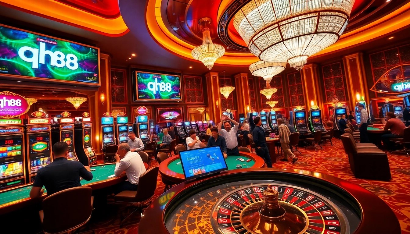 Experience the thrill of winning at qh88's vibrant casino floor with poker tables and slot machines.