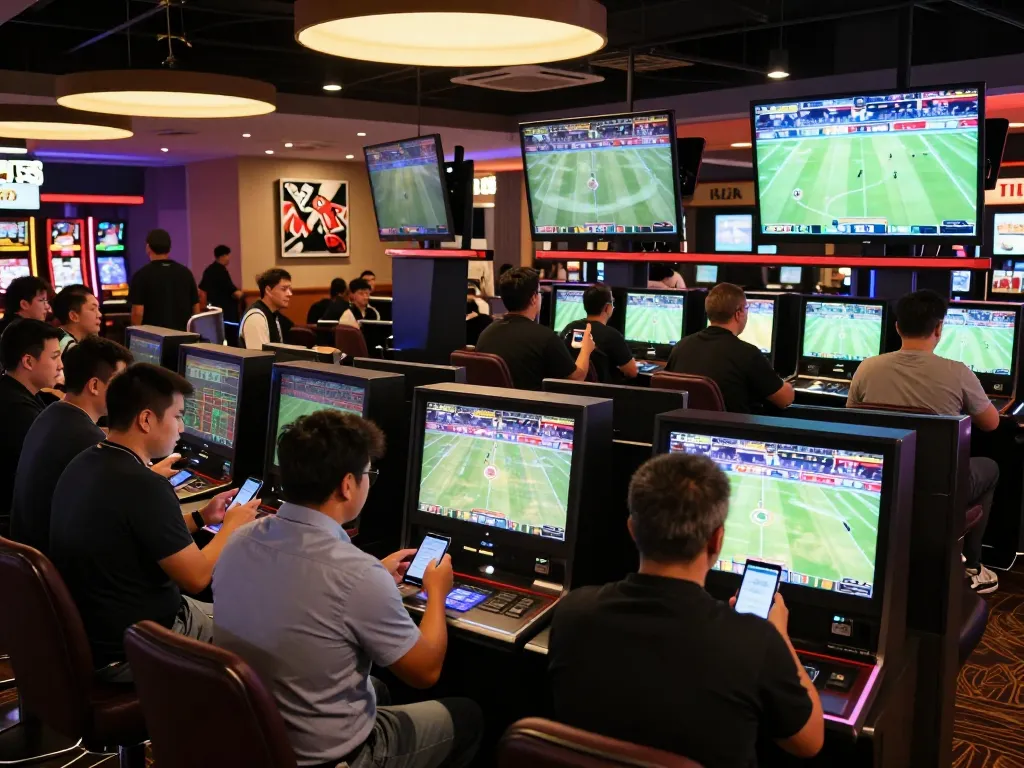 Sports bettors engaged with live screens at the c168 casino, placing strategic bets in a vibrant atmosphere.