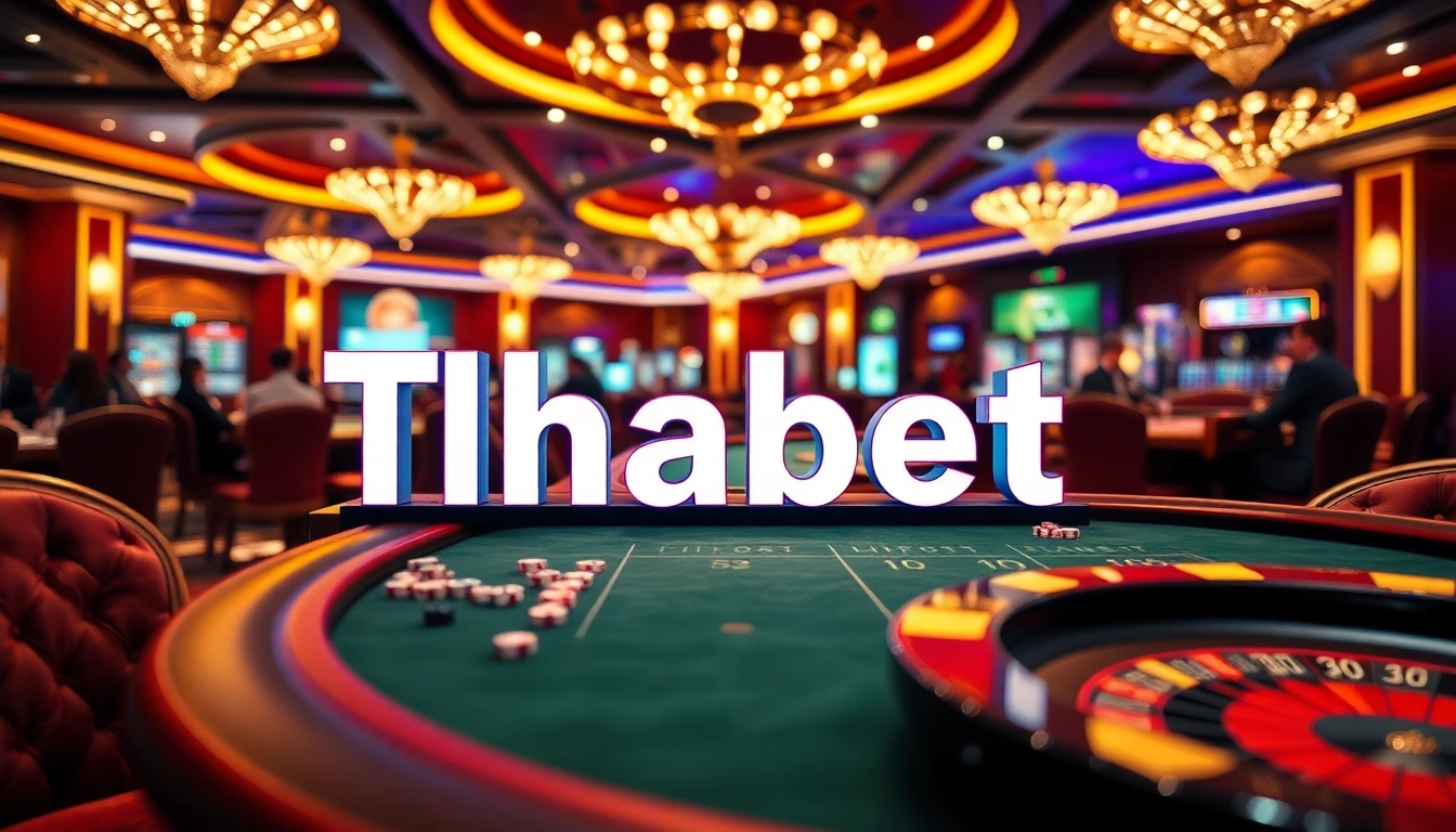 Thabet gaming table showcasing poker chips and a roulette wheel in a lively casino atmosphere