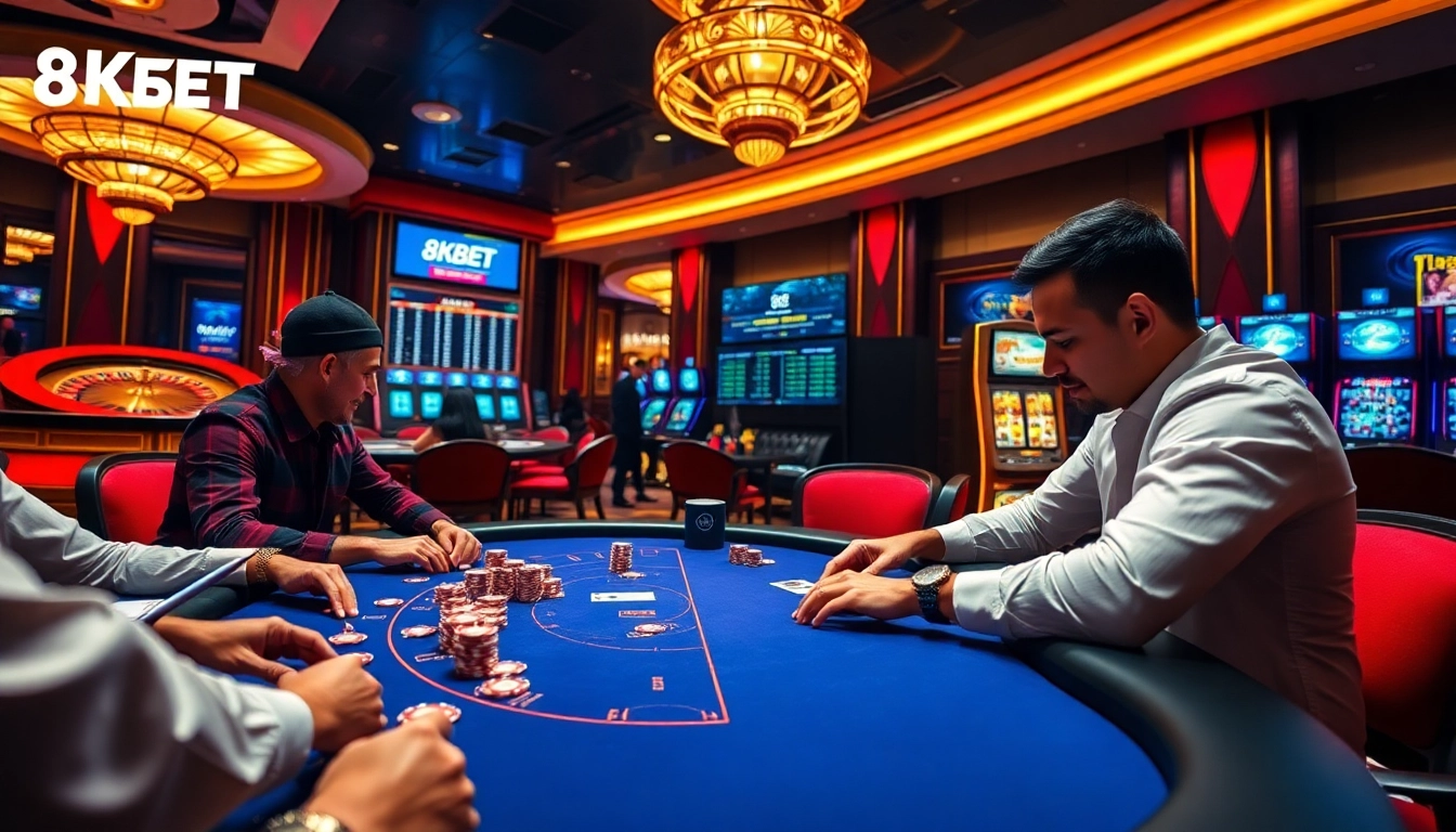 Experience the thrill of high-stakes poker at 8KBET's luxurious online casino, featuring vibrant colors and engaging gameplay.