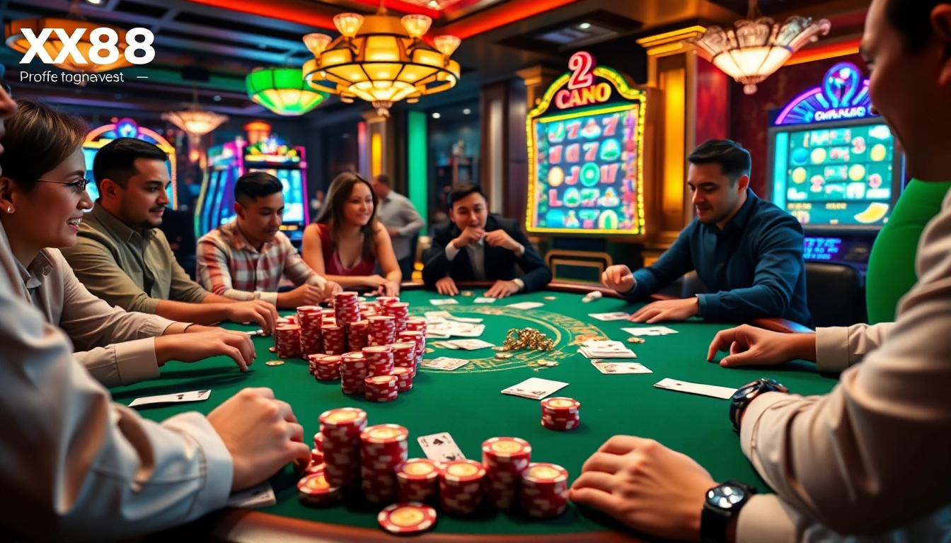 Players engaging in an intense poker game while showcasing the vibrant XX88 online casino experience.