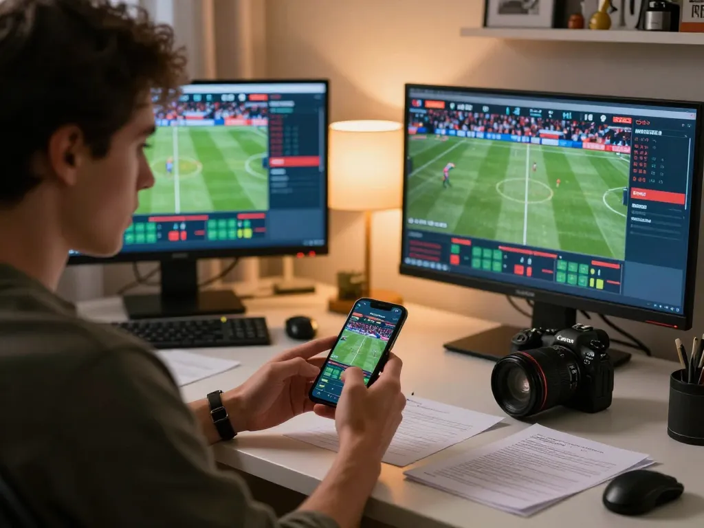 SBOBET sports betting gameplay with a person focused on live betting strategies on a smartphone.