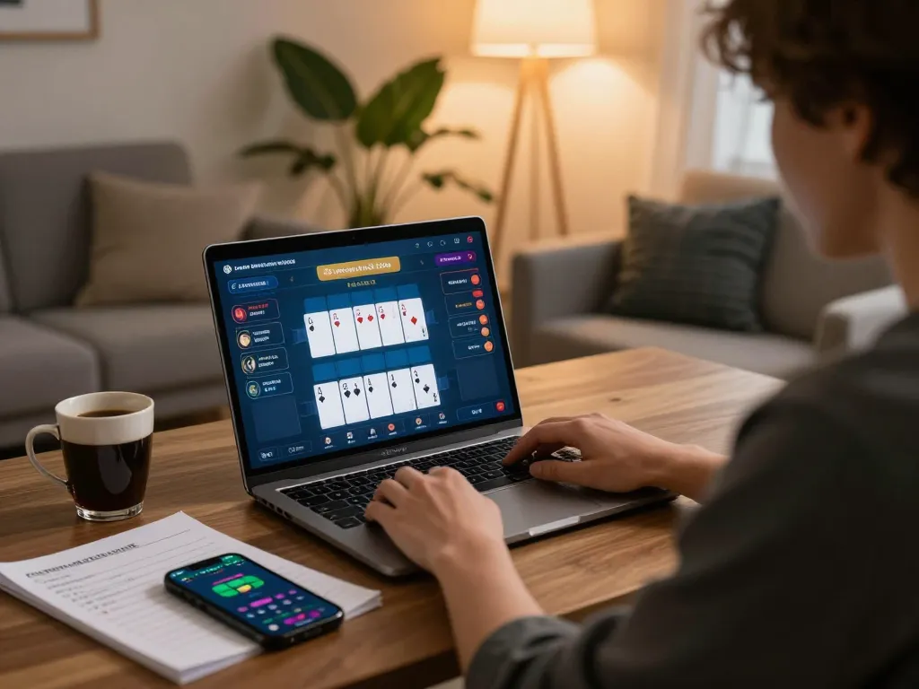Engaging in online poker on laptop while exploring 79king casino strategies