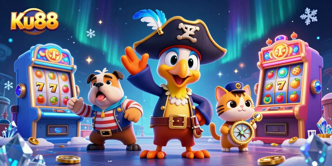Engage with Ku88's lively casino scene featuring a pirate captain and slot machines.