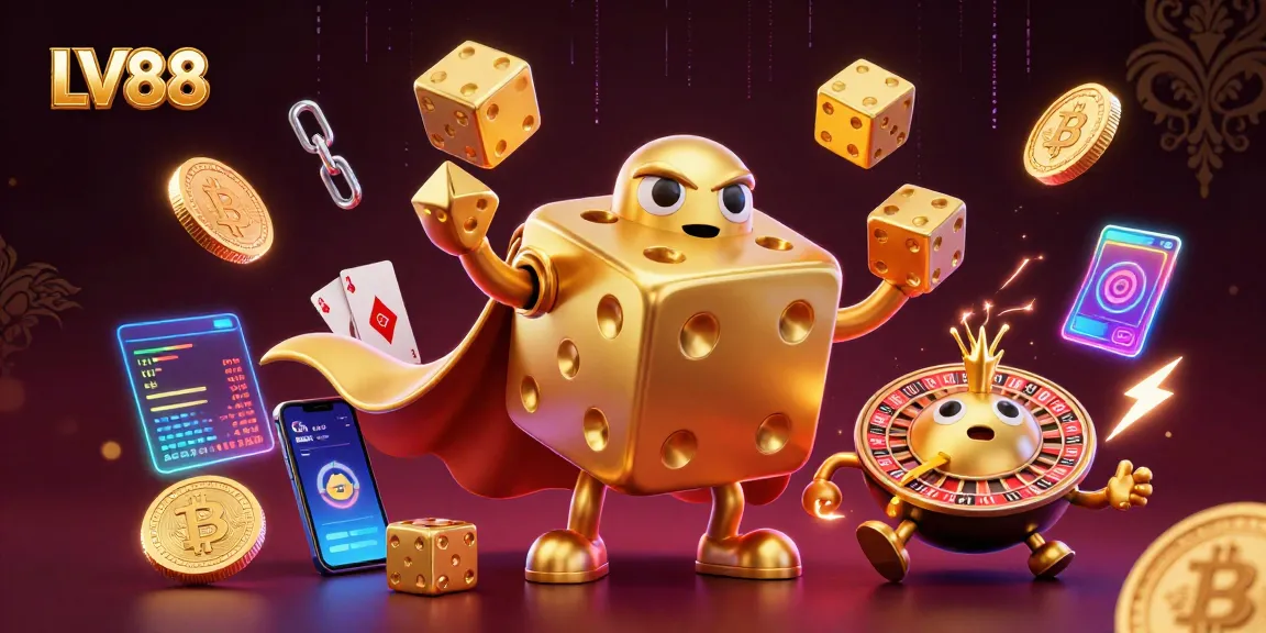 Win big at LV88 with a dynamic 3D illustration featuring a golden dice golem and crypto elements.