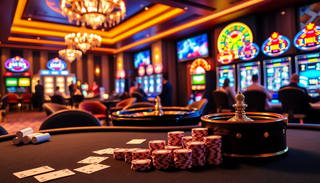 High-energy casino scene highlighting table games and slot machines at https://rr99.center/ with vibrant, luxurious elements.