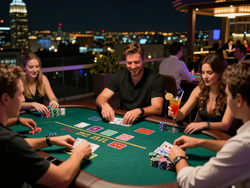 Experience Hoiquantv excitement as players strategize during a glamorous rooftop blackjack game.